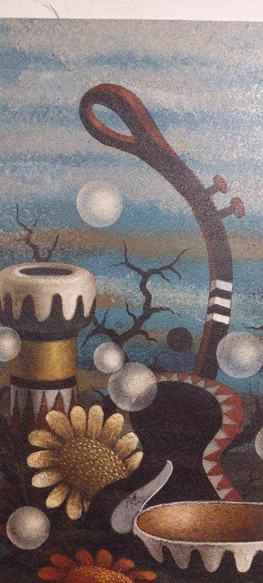GRANDE OLIO SU TELA SURREALISTA  DEL PITTORE  GIANFRANCO  RONTANI .misura 118 x 97 cm --photo-2