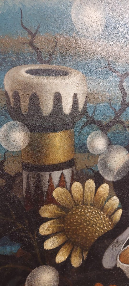 GRANDE OLIO SU TELA SURREALISTA  DEL PITTORE  GIANFRANCO  RONTANI .misura 118 x 97 cm --photo-8