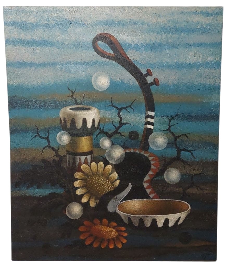 GRANDE OLIO SU TELA SURREALISTA  DEL PITTORE  GIANFRANCO  RONTANI .misura 118 x 97 cm -