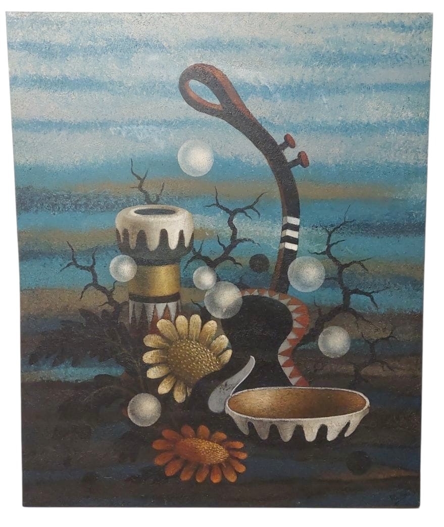 GRANDE OLIO SU TELA SURREALISTA  DEL PITTORE  GIANFRANCO  RONTANI .misura 118 x 97 cm -