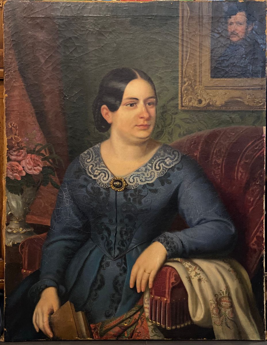 DIPINTO OLIO SU TELA,   NOBILDONNA   BIEDERMAIER -photo-3