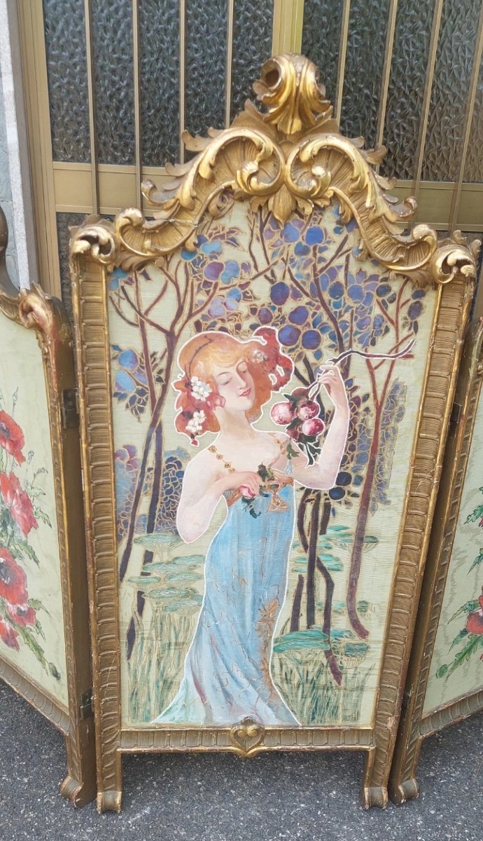 PARAVENTO LIBERTY LEGNO DORATO DIPINTO ANTICO ORIGINALE ART NOUVEAU-photo-3