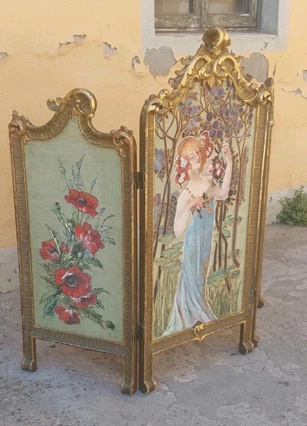 PARAVENTO LIBERTY LEGNO DORATO DIPINTO ANTICO ORIGINALE ART NOUVEAU-photo-4