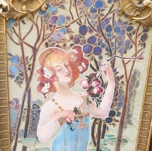 PARAVENTO LIBERTY LEGNO DORATO DIPINTO ANTICO ORIGINALE ART NOUVEAU-photo-1