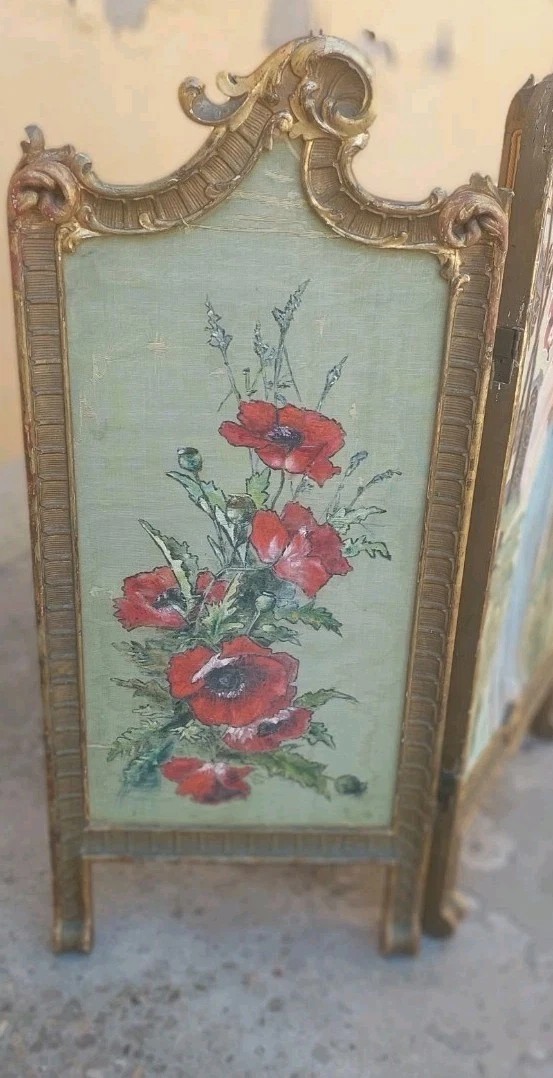PARAVENTO LIBERTY LEGNO DORATO DIPINTO ANTICO ORIGINALE ART NOUVEAU-photo-4