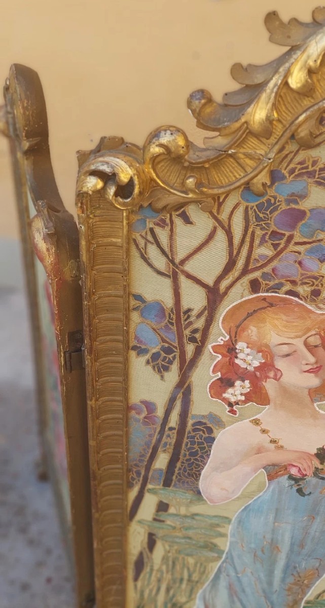 PARAVENTO LIBERTY LEGNO DORATO DIPINTO ANTICO ORIGINALE ART NOUVEAU-photo-5