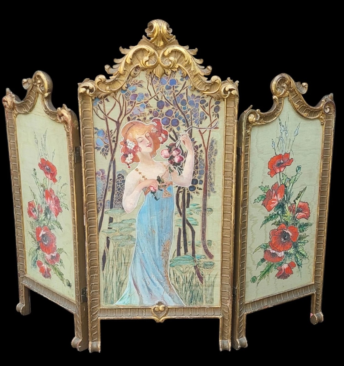 PARAVENTO LIBERTY LEGNO DORATO DIPINTO ANTICO ORIGINALE ART NOUVEAU