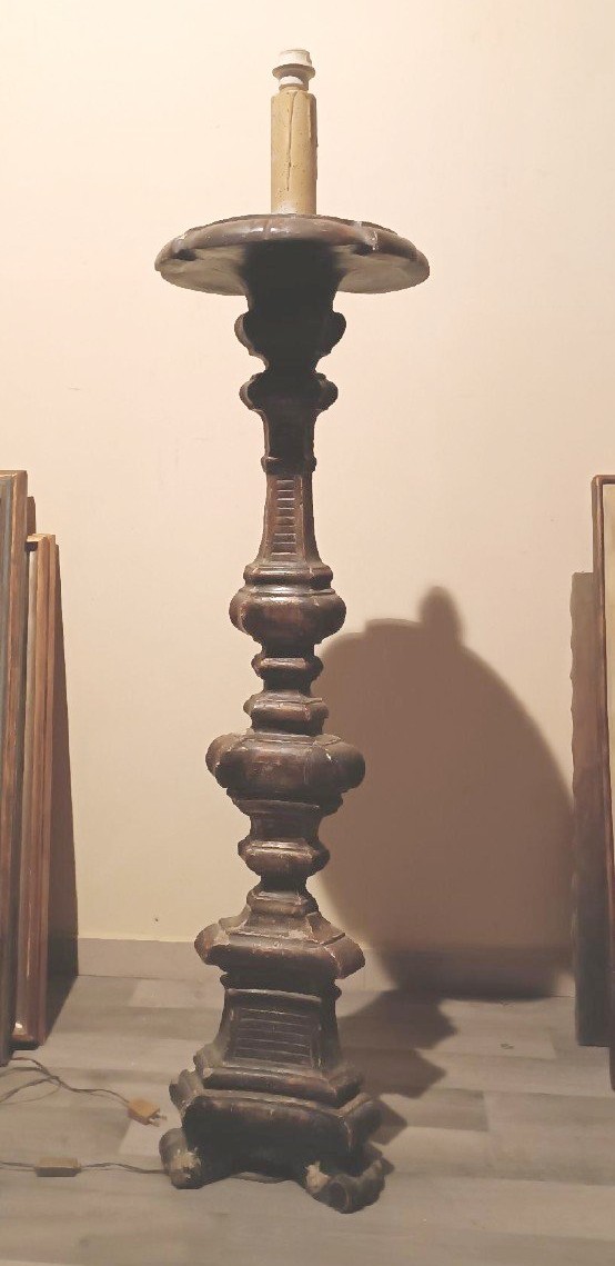 GRANDE CANDELIERE LEGNO ARGENTATO XVIII SECOLO ELETTRIFICATO LAMPADA DA TERRA-photo-3