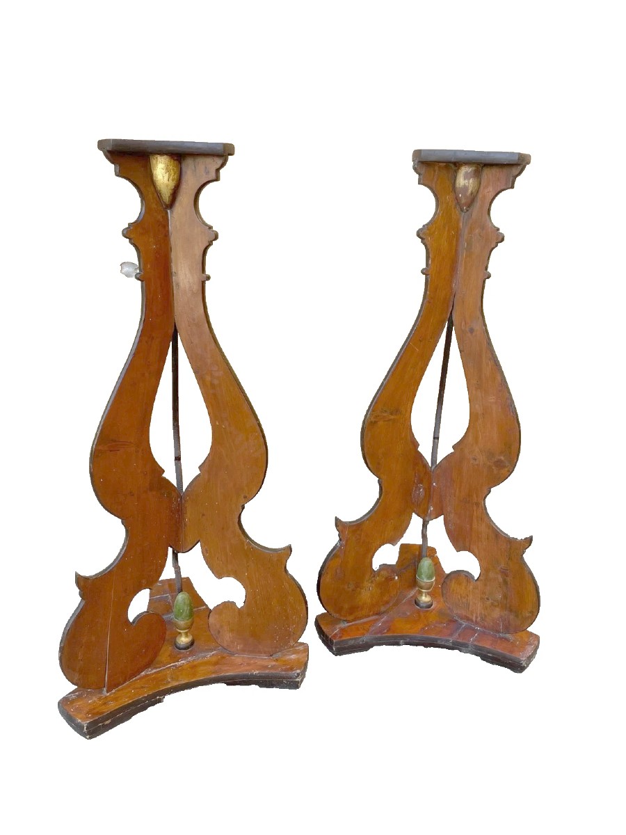 Grande coppia di candelieri , basi , treppiedi in legno dipinto , di fine '700 primi 800 -photo-4