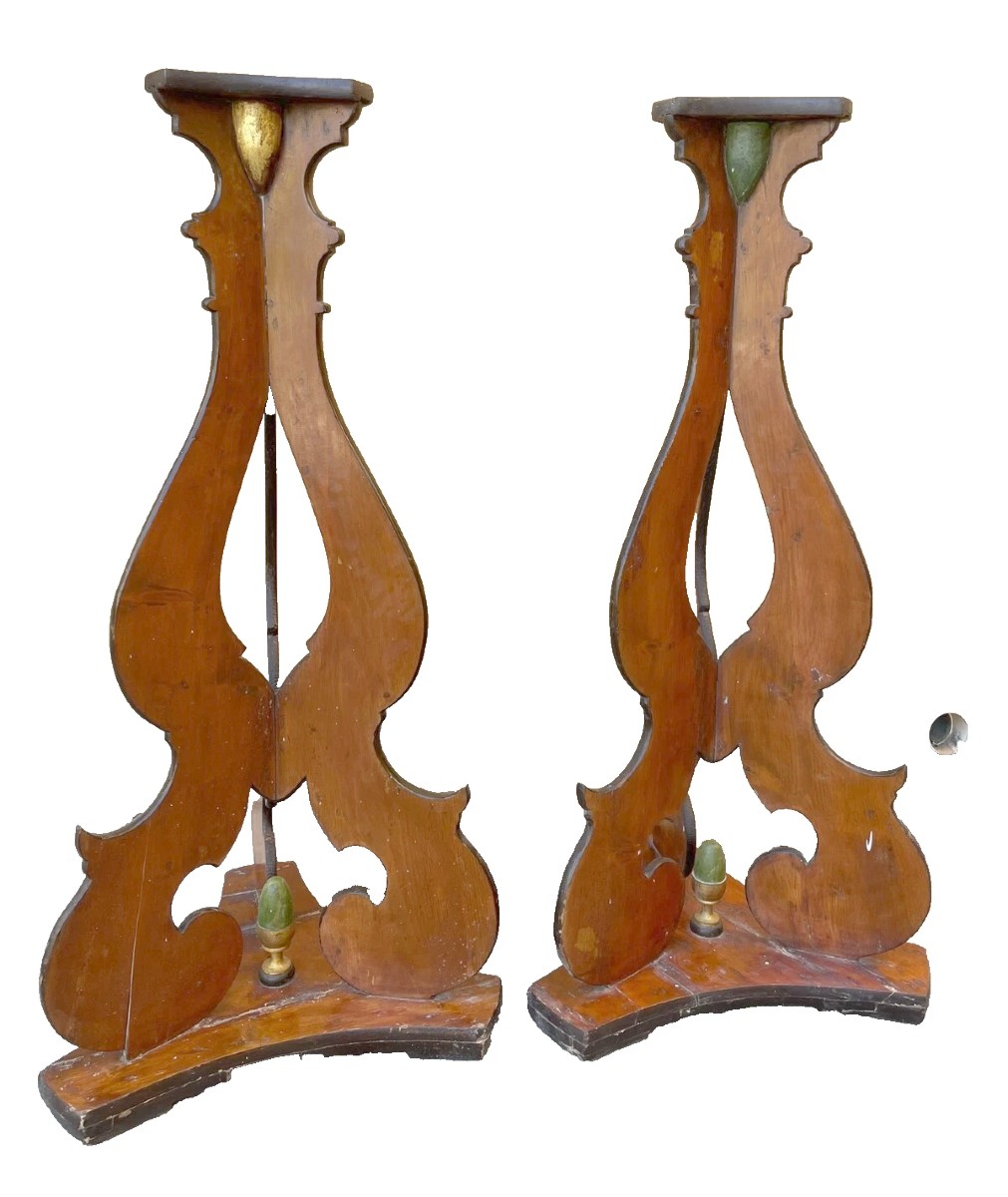 Grande coppia di candelieri , basi , treppiedi in legno dipinto , di fine '700 primi 800 -photo-2