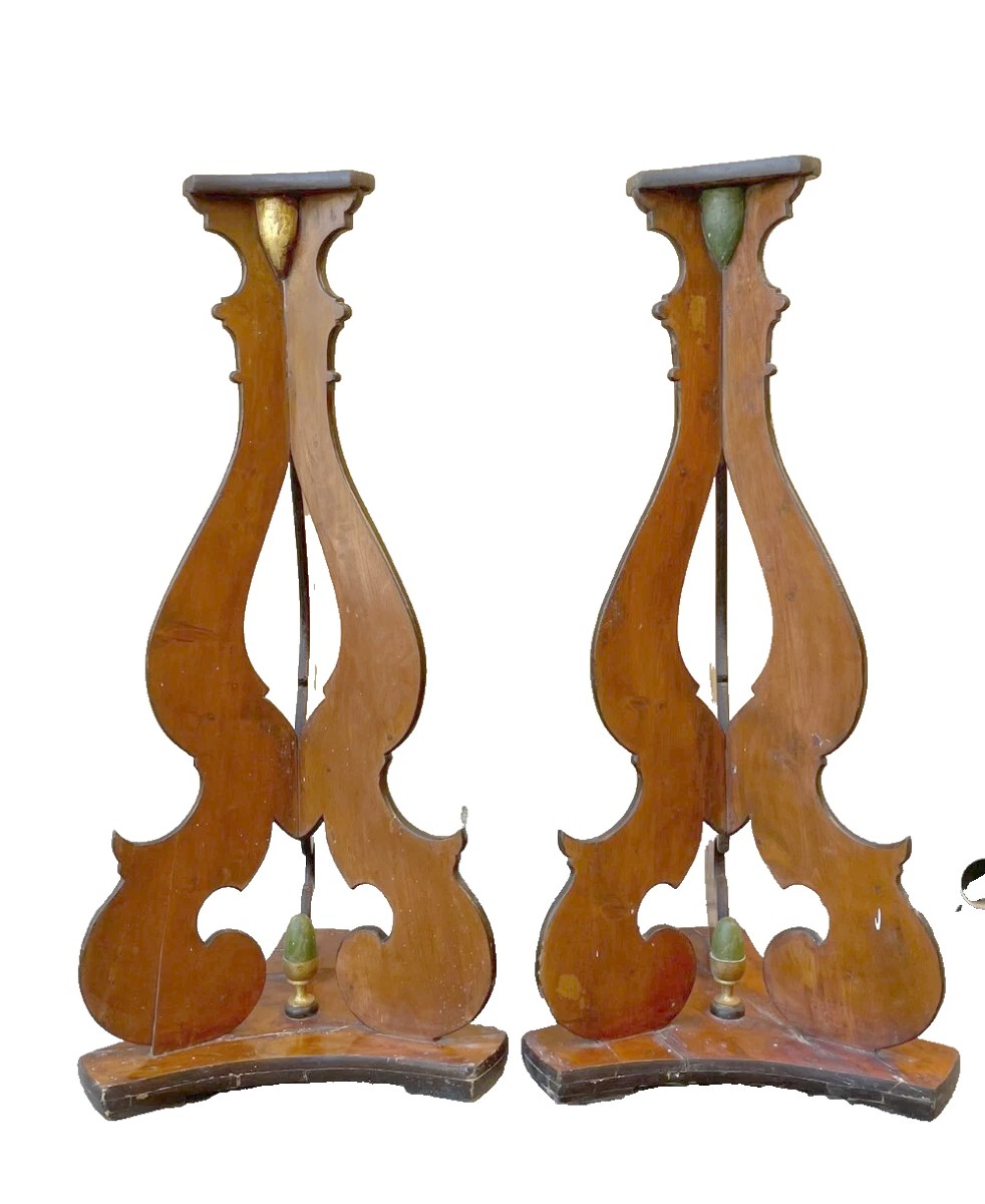Grande coppia di candelieri , basi , treppiedi in legno dipinto , di fine '700 primi 800 -photo-4