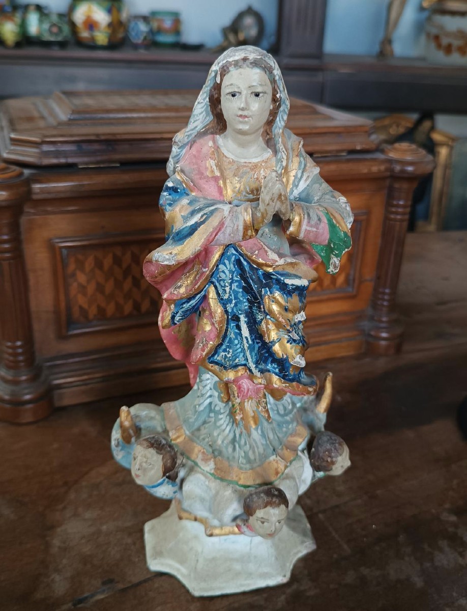 antica piccola scultura in legno ,madonna immacolata sud america XIX secolo-photo-2