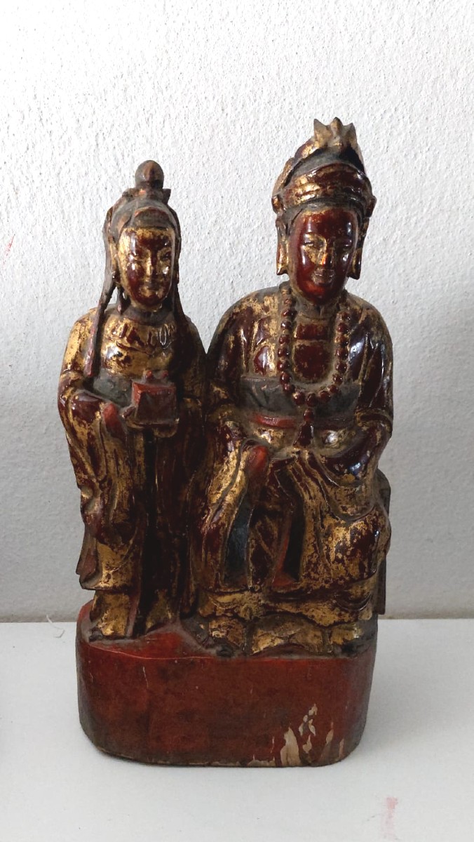 Guanyn e arath,  antica scultura in legno intagliata , Cina epoca qing
