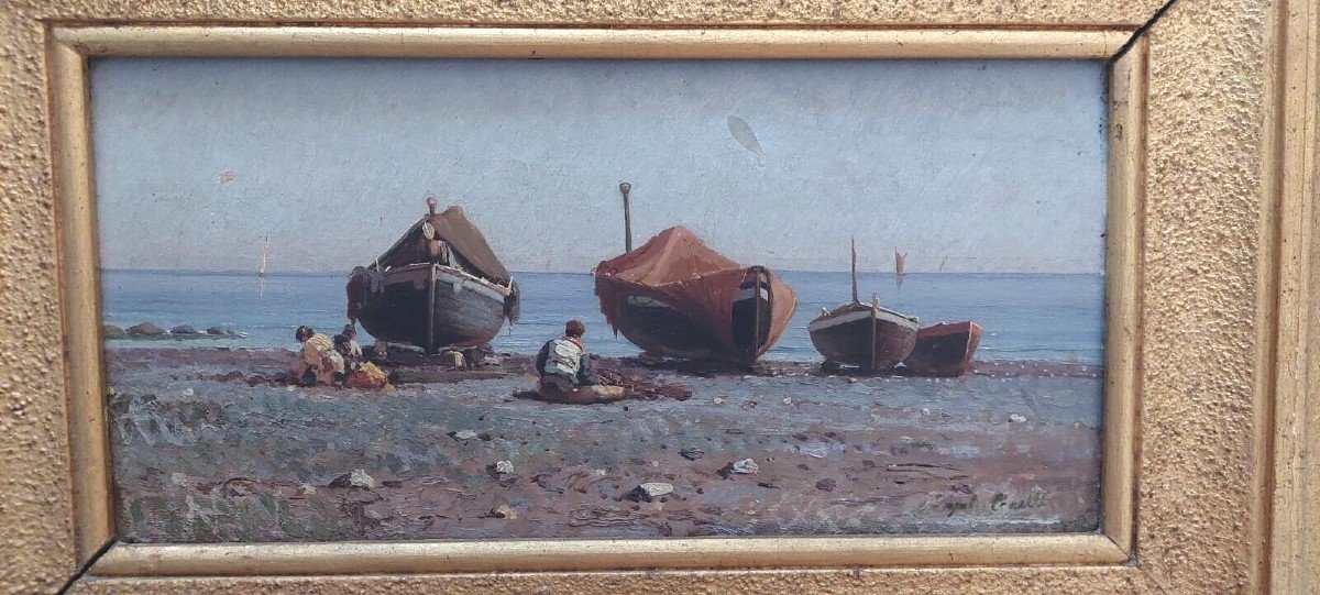 dipinto antico su tavola Napoli Augusto Corelli ((Roma 1853 - 1918 ) pescatori-photo-6
