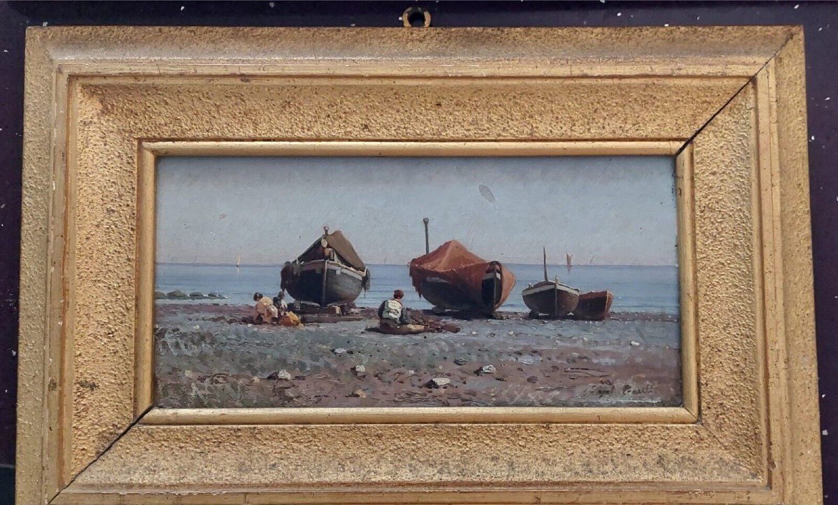 dipinto antico su tavola Napoli Augusto Corelli ((Roma 1853 - 1918 ) pescatori-photo-7