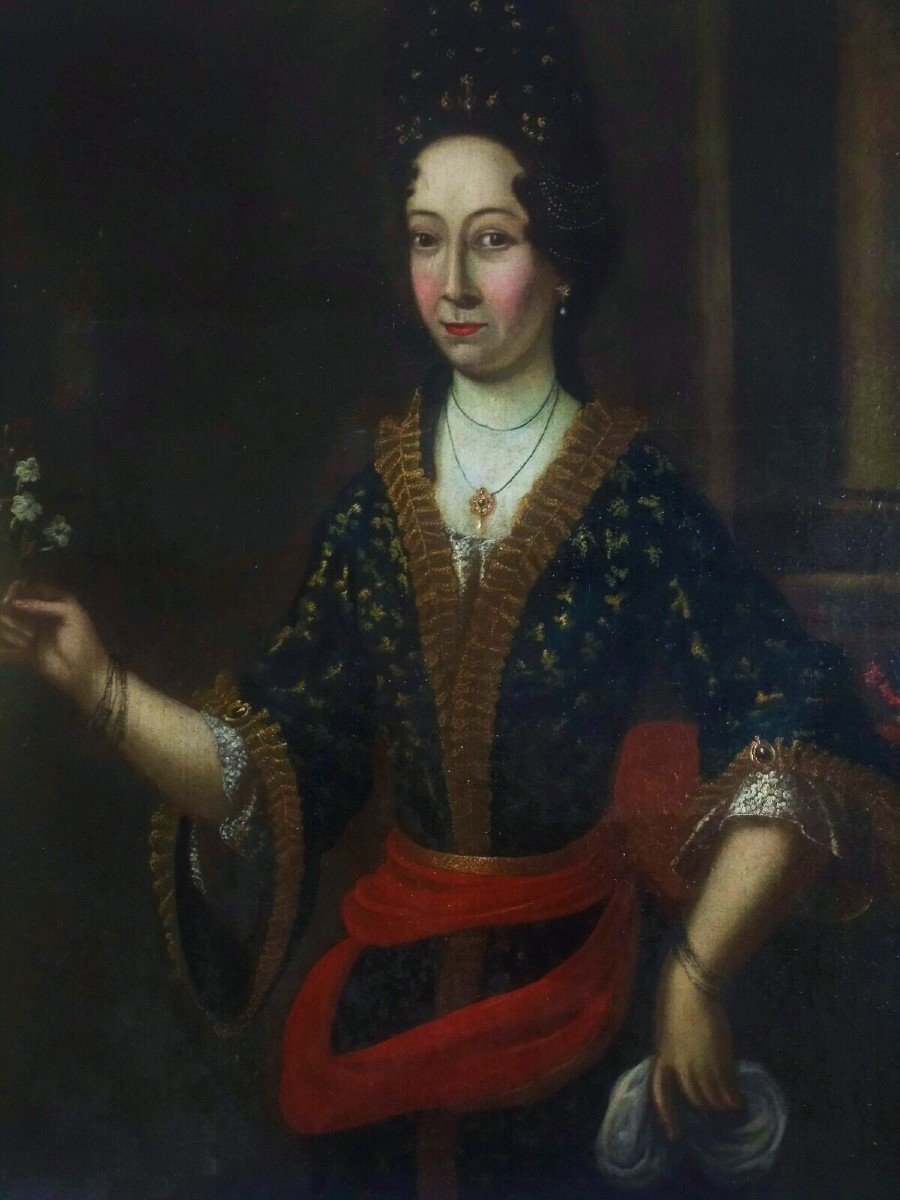 Antico Dipinto Olio Su Tela - Ritratto Femminile - XVIII Secolo - Scuola Europea-photo-4