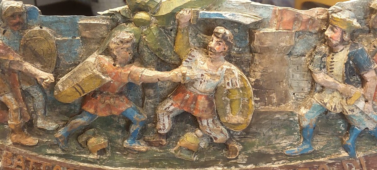 antica scultura , chiave di carretto siciliano  in legno LA GRANDE BATTAGLIA DI PARIGI-photo-2