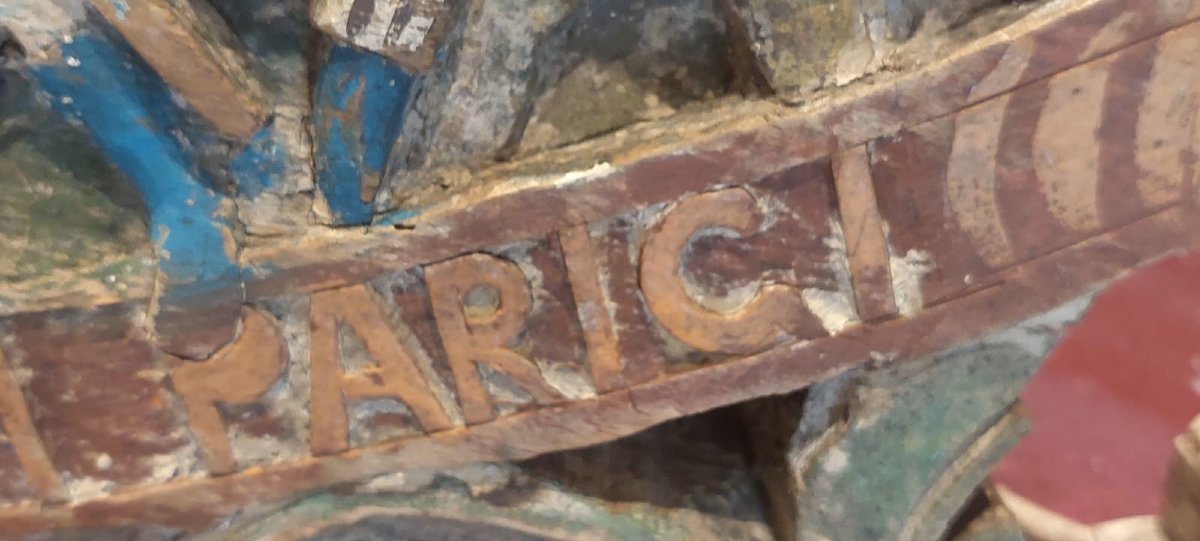 antica scultura , chiave di carretto siciliano  in legno LA GRANDE BATTAGLIA DI PARIGI-photo-1