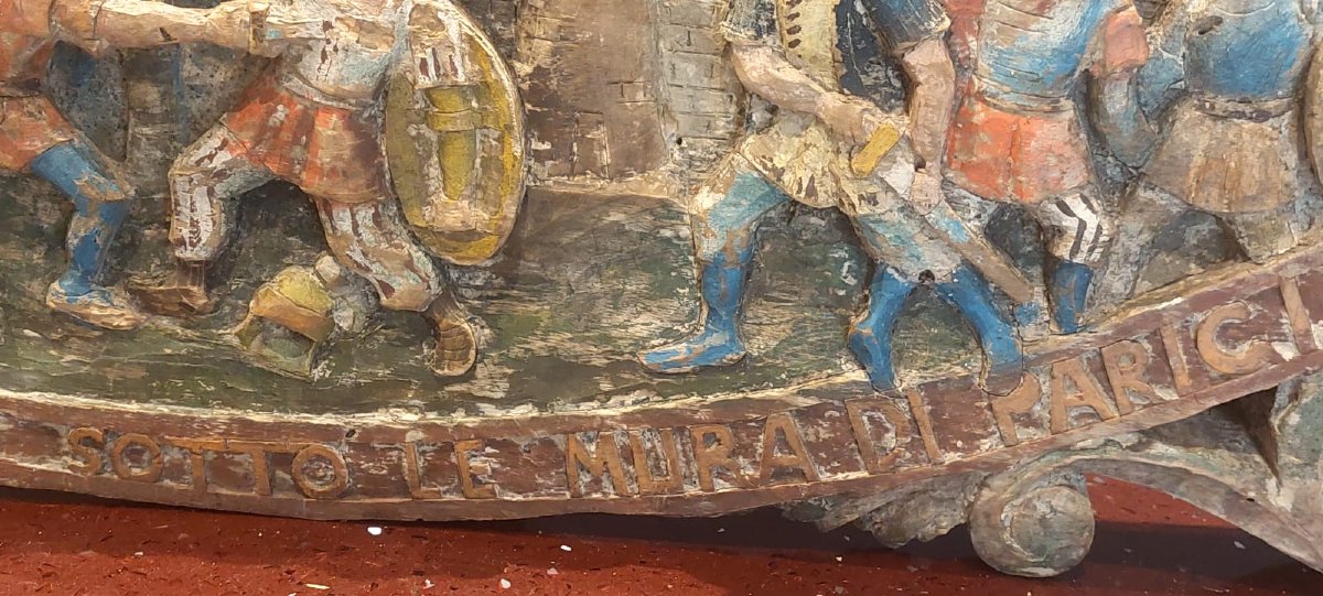 antica scultura , chiave di carretto siciliano  in legno LA GRANDE BATTAGLIA DI PARIGI-photo-2