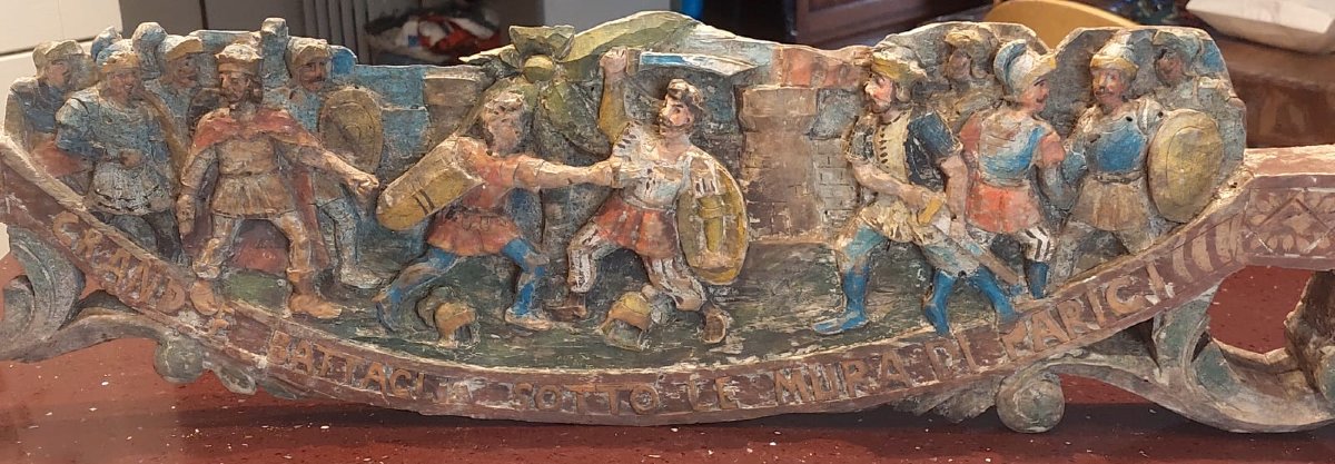 antica scultura , chiave di carretto siciliano  in legno LA GRANDE BATTAGLIA DI PARIGI-photo-4
