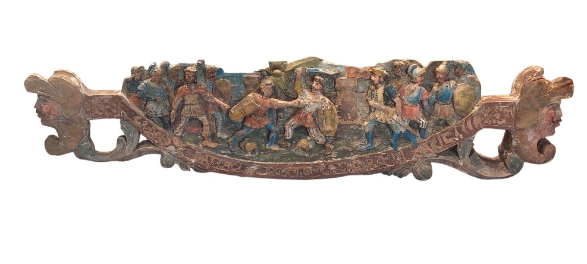 antica scultura , chiave di carretto siciliano  in legno LA GRANDE BATTAGLIA DI PARIGI-photo-6