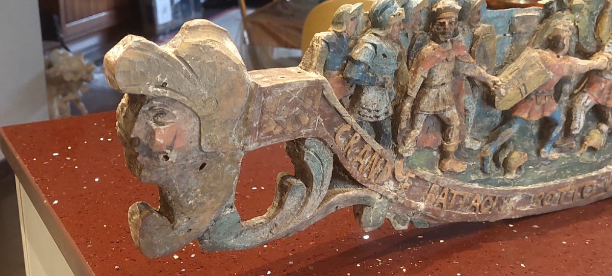 antica scultura , chiave di carretto siciliano  in legno LA GRANDE BATTAGLIA DI PARIGI-photo-7
