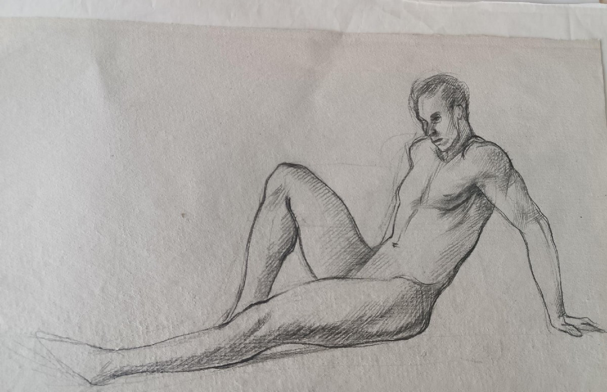 Pencil Drawing On Paper, Male Nude Sketch - Gabriele Vicari-photo-2