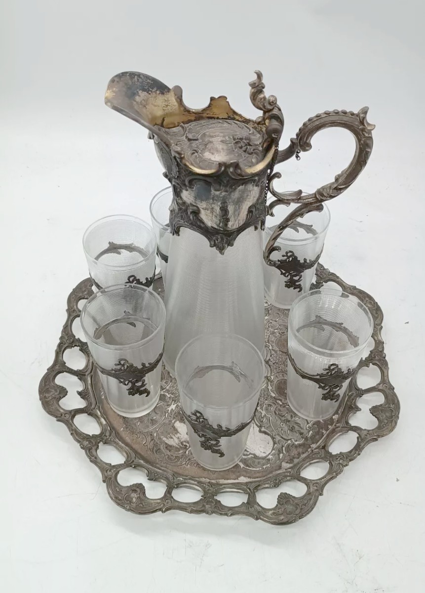 Vassoio con caraffa e 6 bicchieri vetro e metallo argentato periodo art noveau-photo-2
