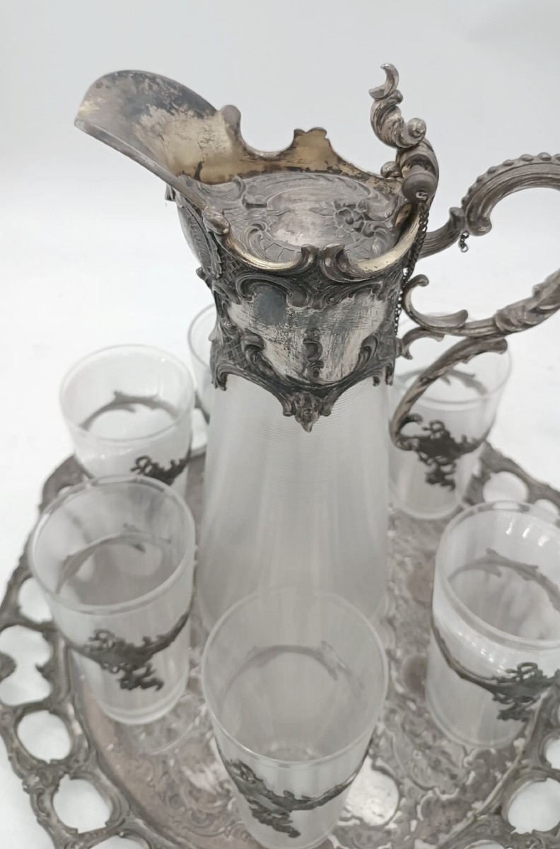 Vassoio con caraffa e 6 bicchieri vetro e metallo argentato periodo art noveau-photo-3