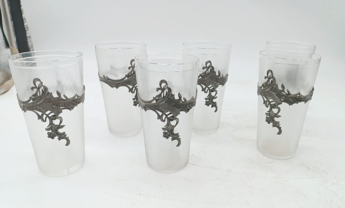 Vassoio con caraffa e 6 bicchieri vetro e metallo argentato periodo art noveau-photo-4