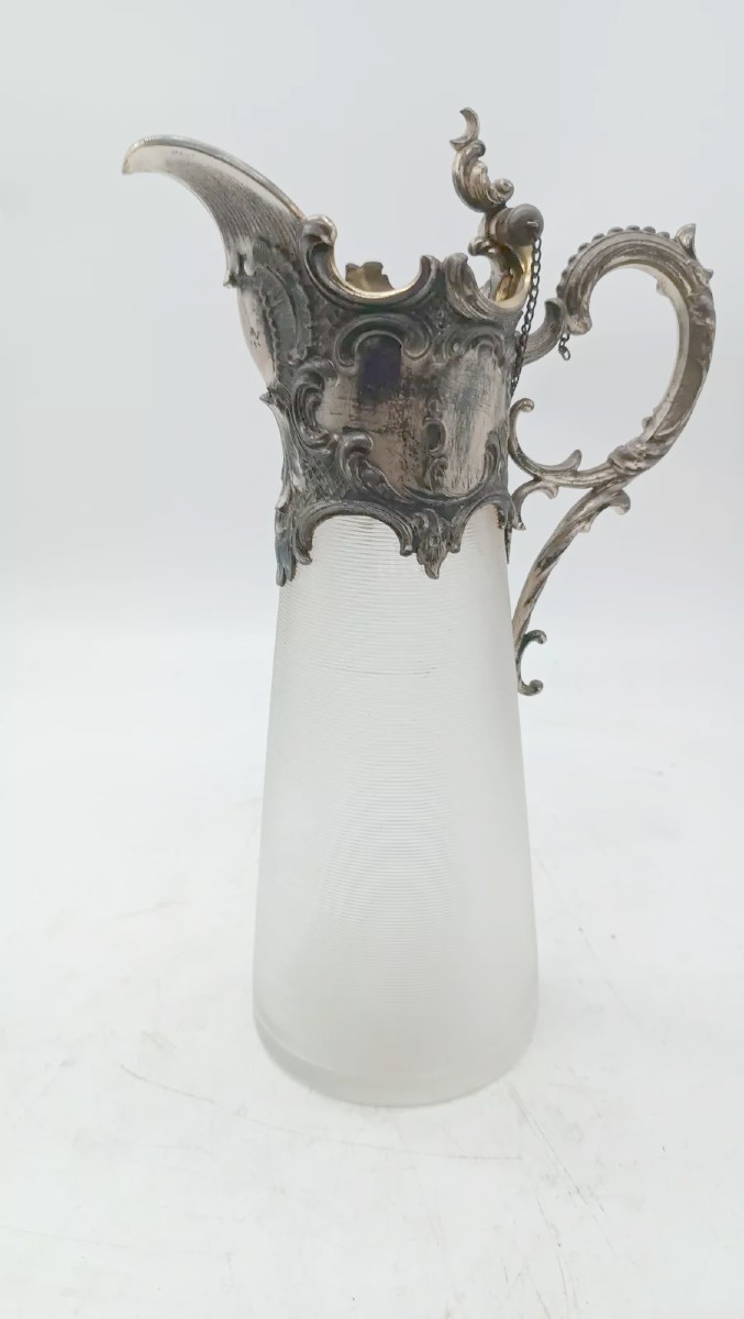 Vassoio con caraffa e 6 bicchieri vetro e metallo argentato periodo art noveau-photo-1