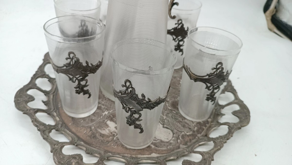 Vassoio con caraffa e 6 bicchieri vetro e metallo argentato periodo art noveau-photo-2