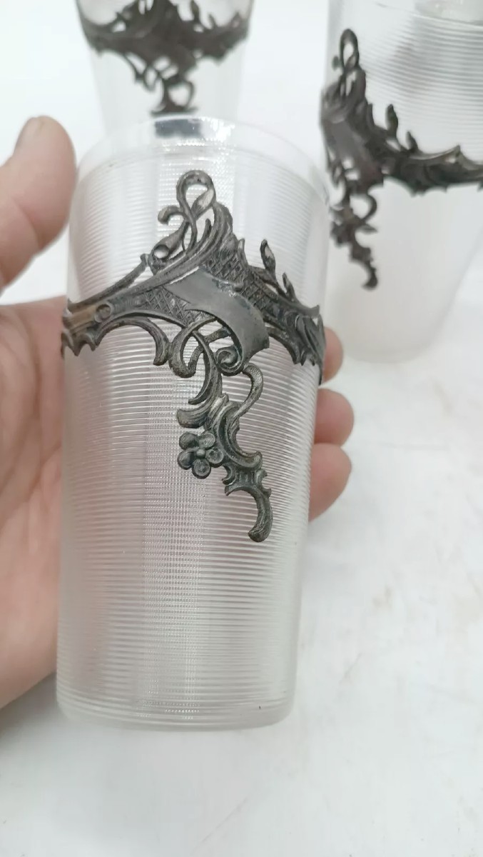 Vassoio con caraffa e 6 bicchieri vetro e metallo argentato periodo art noveau-photo-3