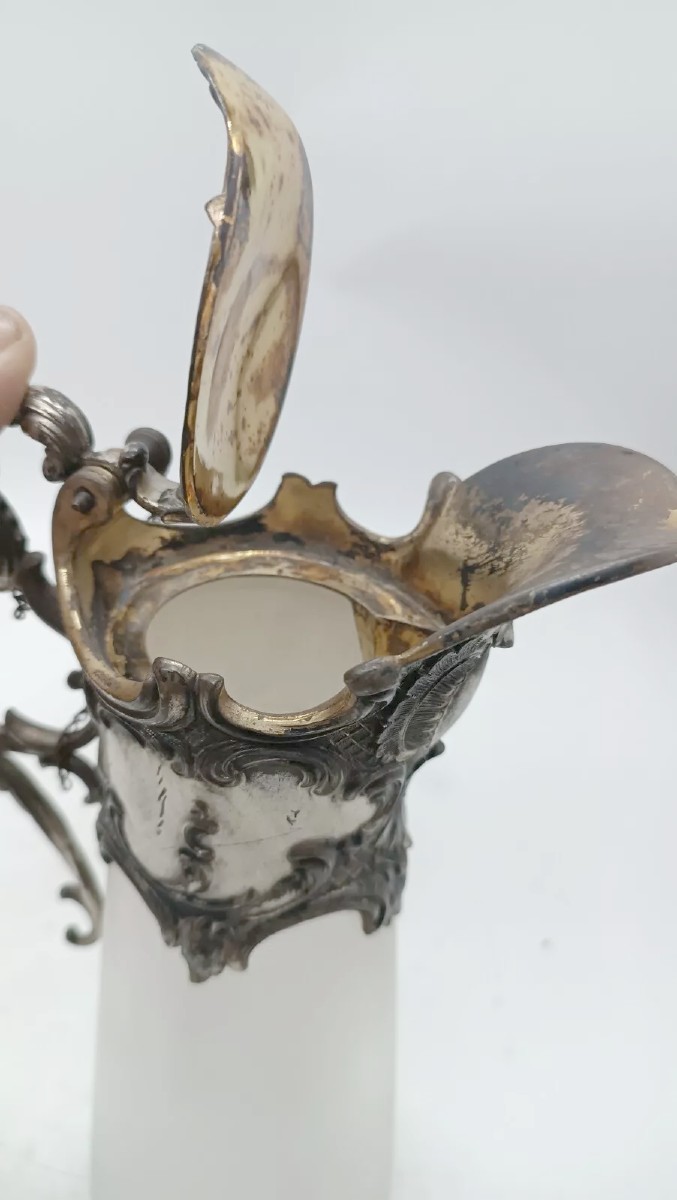 Vassoio con caraffa e 6 bicchieri vetro e metallo argentato periodo art noveau-photo-5
