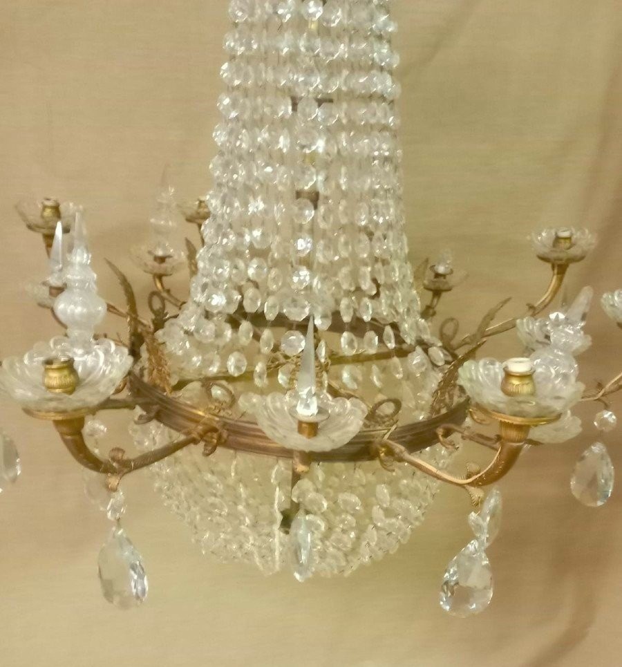 Grande lampadario a Paniera in bronzo con fregi , pendenti in cristallo, 16 bracci 8 luci, -photo-3