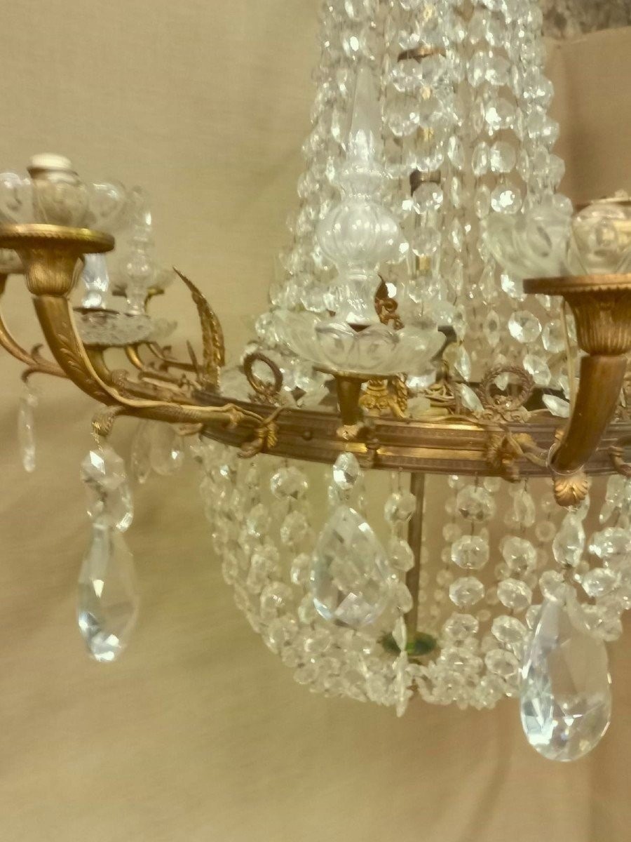 Grande lampadario a Paniera in bronzo con fregi , pendenti in cristallo, 16 bracci 8 luci, -photo-4