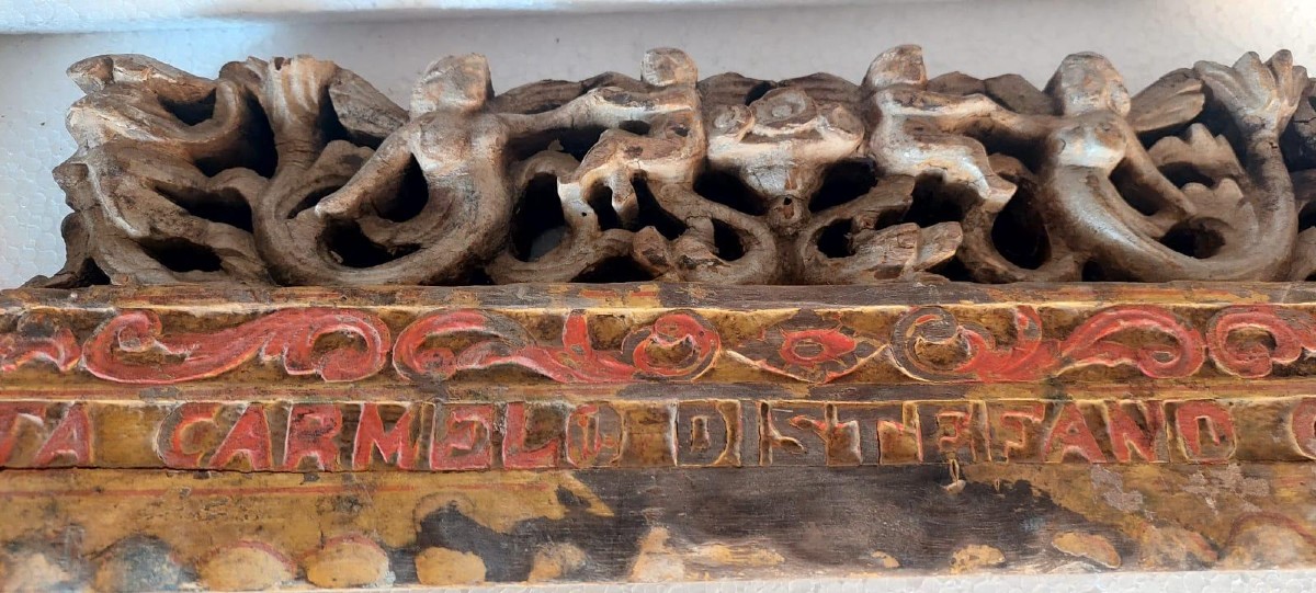 ANTICO FRAMMENTO DI CARRETTO SICILIANO XIX SECOLO LEGNO INTAGLIATO -photo-3