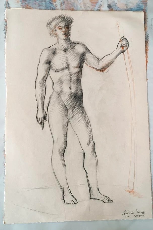 Disegno a matita su carta bozzetto nudo virile -Gabriele Vicari