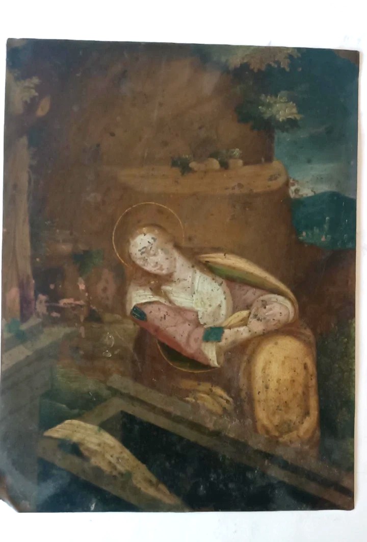 Antico dipinto su rame ,scuola fiamminga  XVII secolo ,raffigurante santa-photo-4