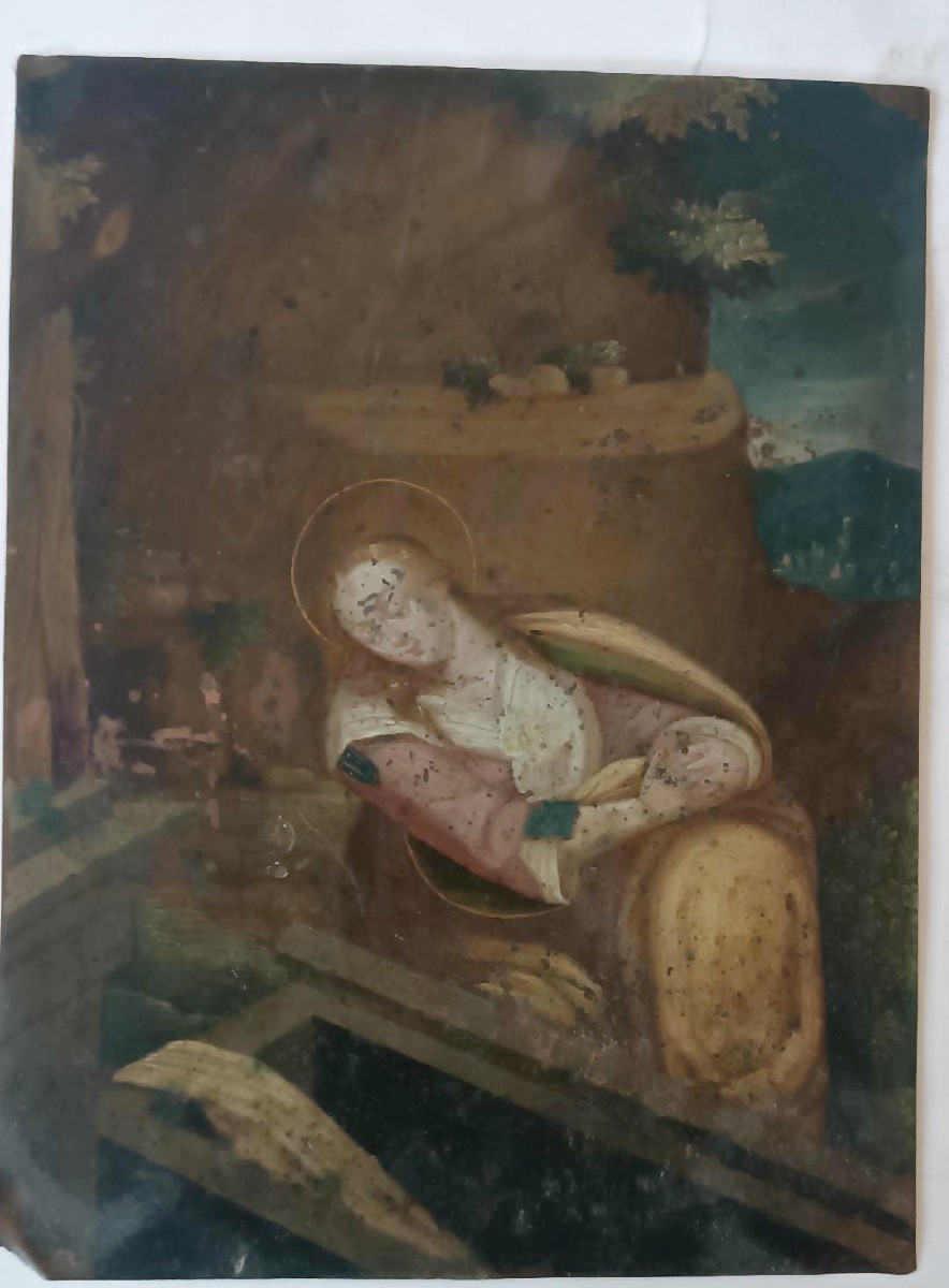 Antico dipinto su rame ,scuola fiamminga  XVII secolo ,raffigurante santa-photo-8