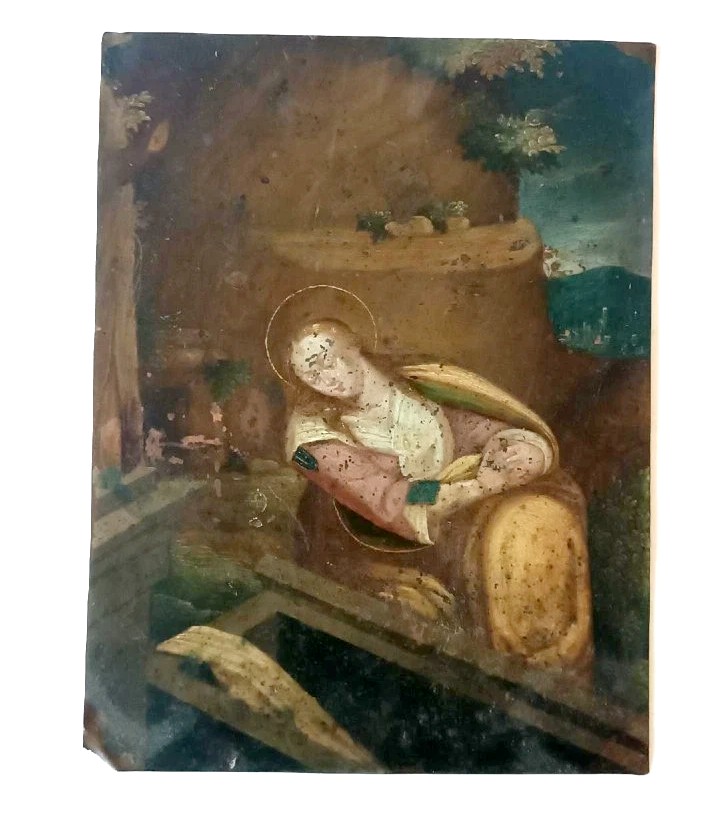 Antico dipinto su rame ,scuola fiamminga  XVII secolo ,raffigurante santa