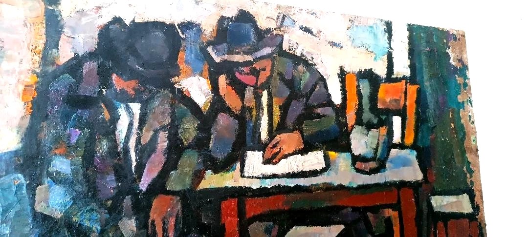 Olio su tela FERRUCCIO FERRI -ANNI 30 - "UOMINI ASSONNATI" PERIODO SIRACUSANO-photo-1