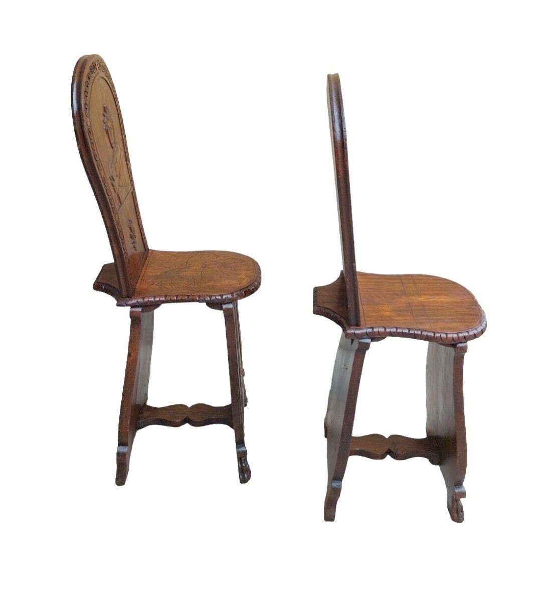 Coppia Di Sedie Ornamentali FIRENZE Fine Dell'800 Legno Intagliato-photo-3