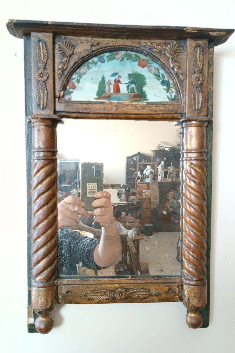 piccola specchiera antica impero legno dorato dipinto su vetro