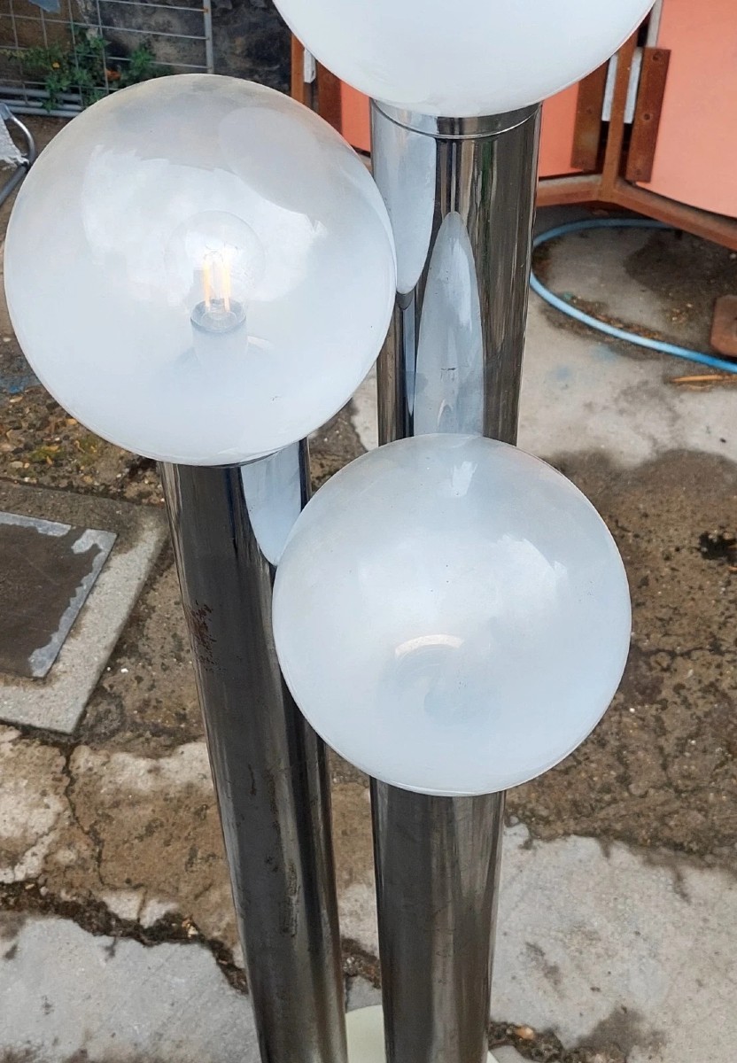 Lampada Da Terra Italiana Anni 70 metallo E Vetro Opalina Design-photo-5