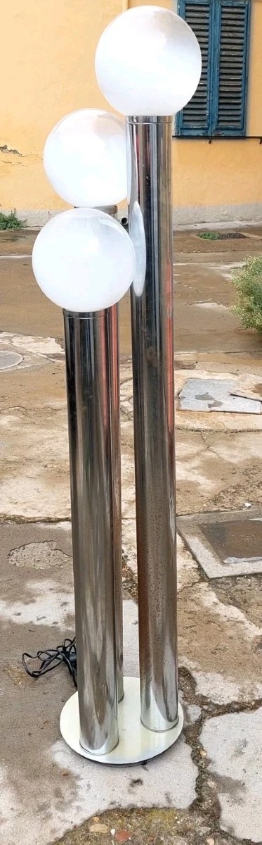 Lampada Da Terra Italiana Anni 70 metallo E Vetro Opalina Design-photo-6