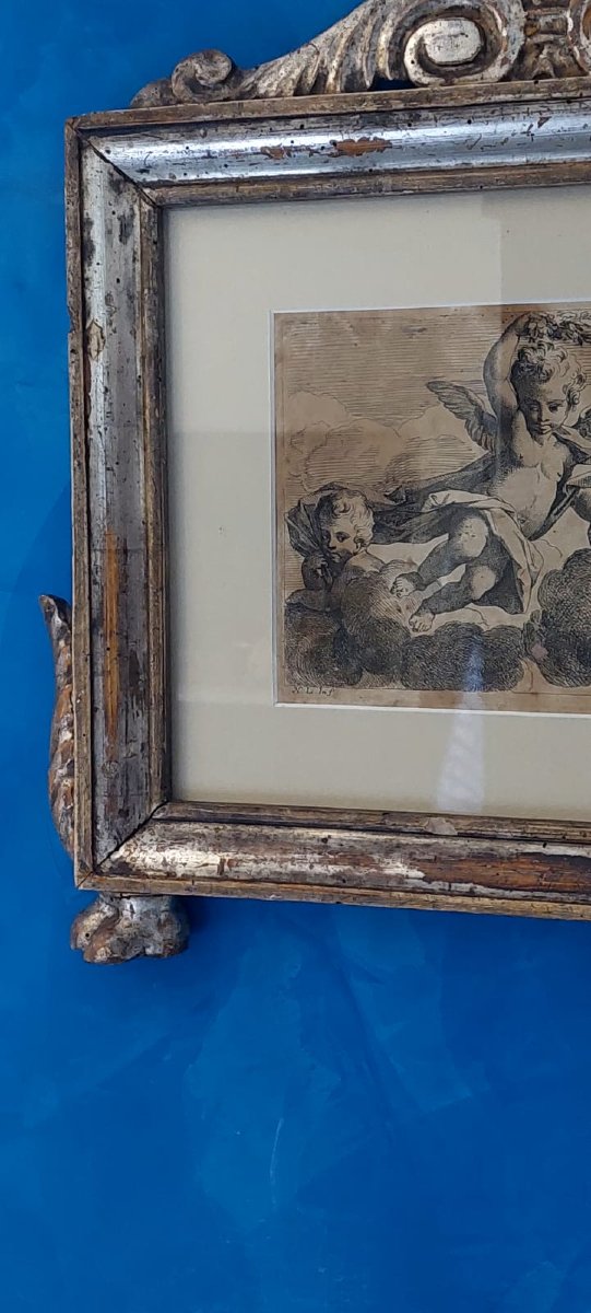 Cornice Antica  In Legno Argento Inizio XIX Sec  Incisione Cherubini  XVII secolo-photo-4