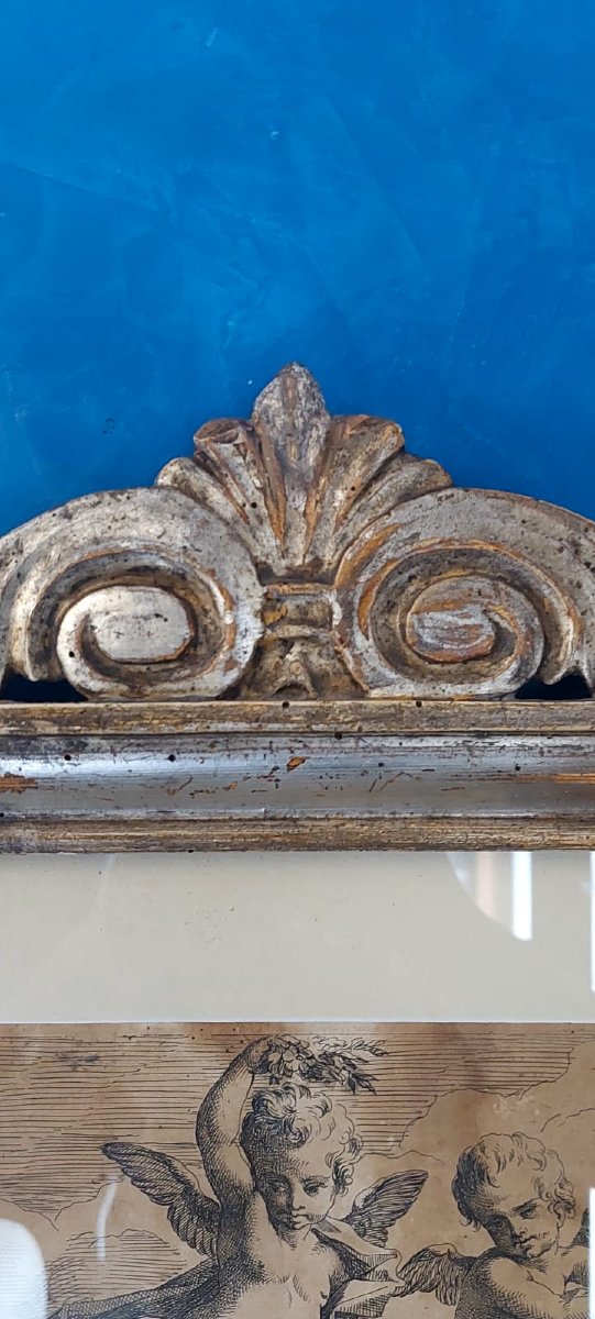 Cornice Antica  In Legno Argento Inizio XIX Sec  Incisione Cherubini  XVII secolo-photo-1