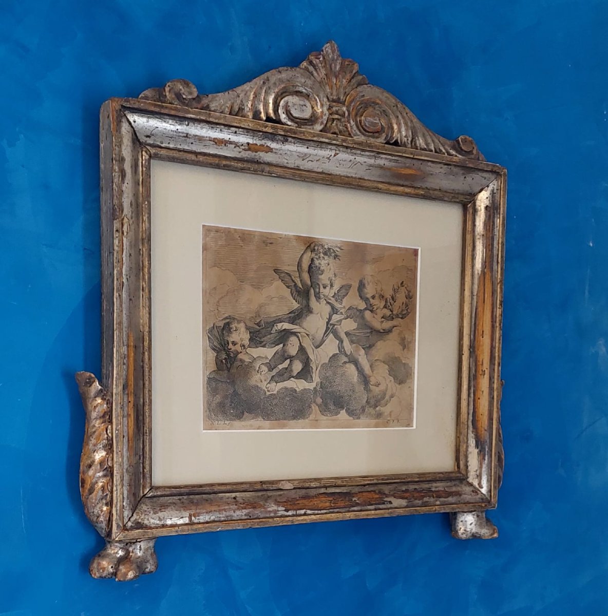 Cornice Antica  In Legno Argento Inizio XIX Sec  Incisione Cherubini  XVII secolo-photo-7