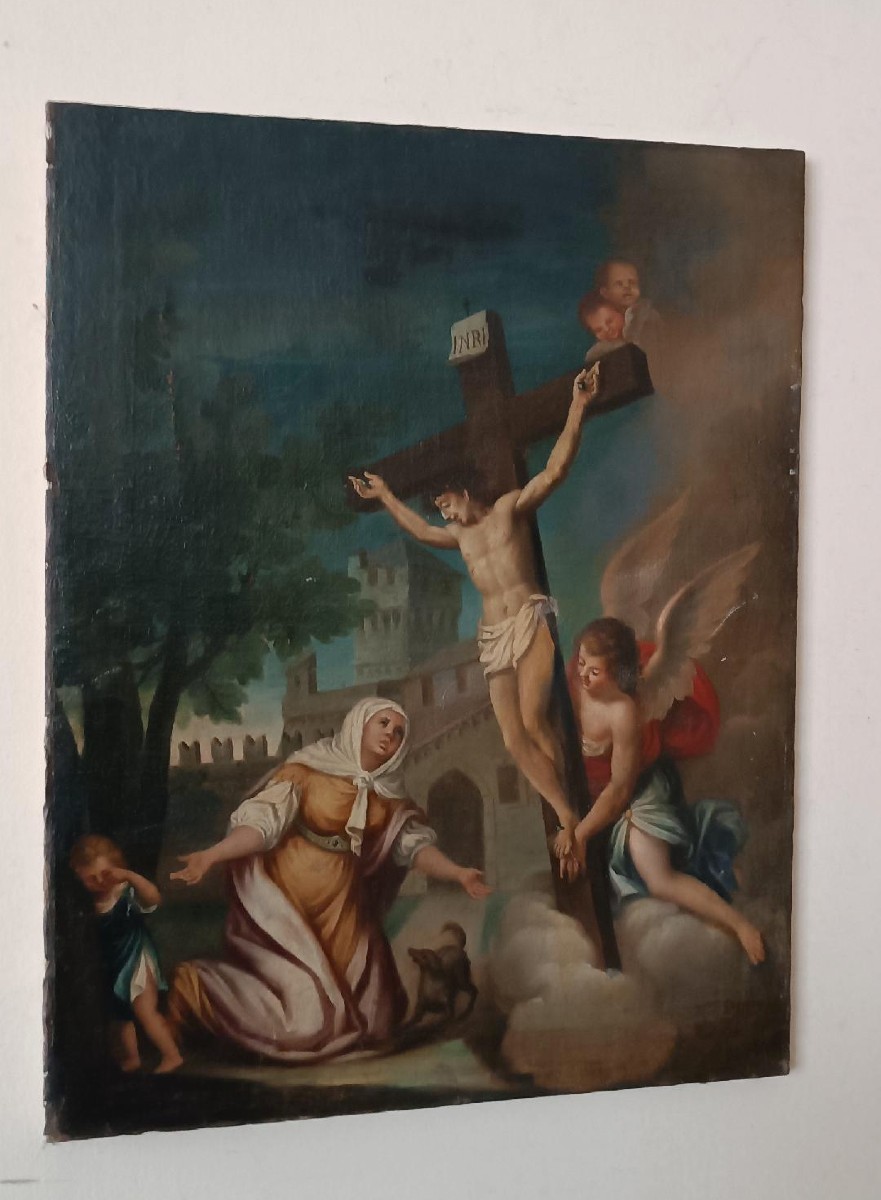 Antico dipinto -olio su tela-crocifissione-scuola italiana XVIII secolo-photo-2